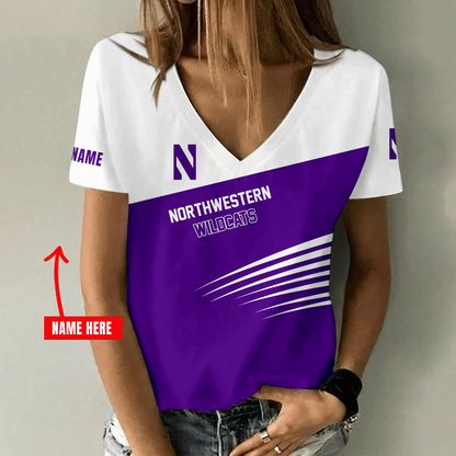 [HOOPS SPECIAL] NEW CUSTOMIZED NCAA CFH06 NOW NORTHWESTERN WILDCATS V-NECK FEMALE SHIRT