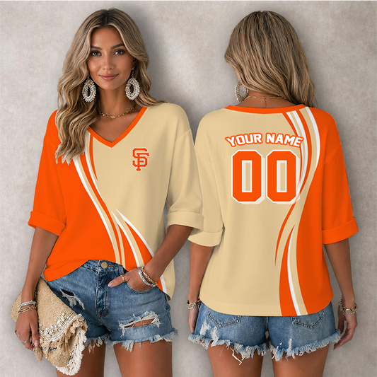 [HOMERUN DEAL] NEW CUSTOMIZED MLB06 SFG SAN FRANCISCO GIANTS WOMEN'S HEART V-NECK LONG SLEEVE SHIRT