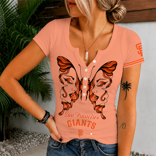 [HOMERUN DEAL] NEW CUSTOMIZED MLB06 SFG SAN FRANCISCO GIANTS WOMEN'S SHORT SLEEVE HENLEY T-SHIRT