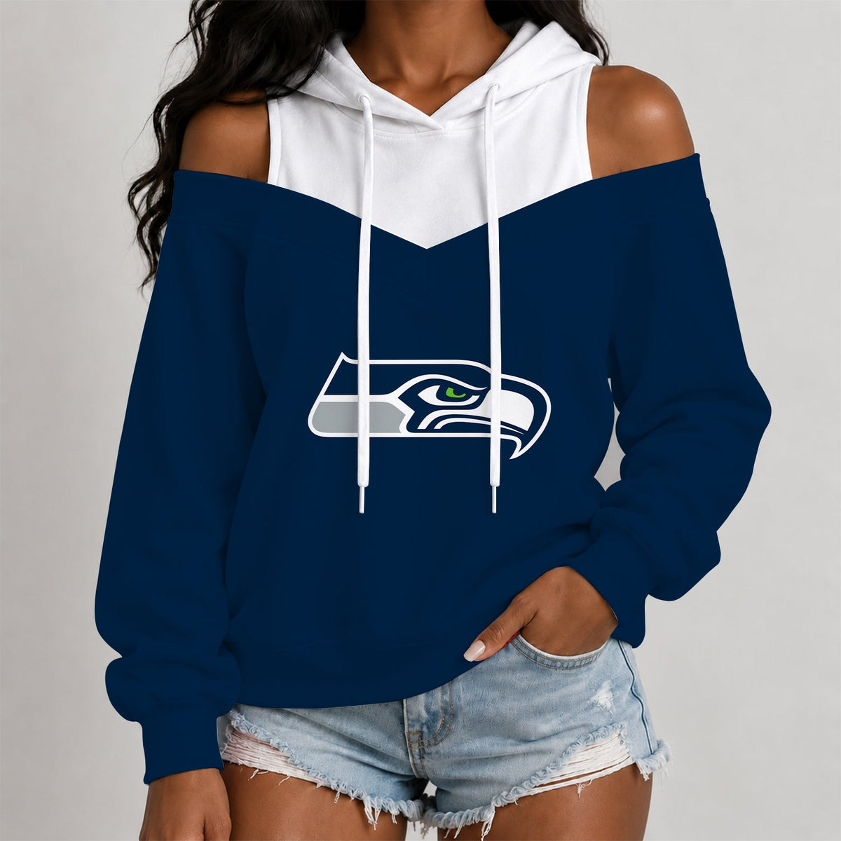 [TOUCHDOWN DEAL] NEW CUSTOMIZED NFL06 SSH THE SEAHAWKS WOMEN'S OFF-SHOULDER HOODIE