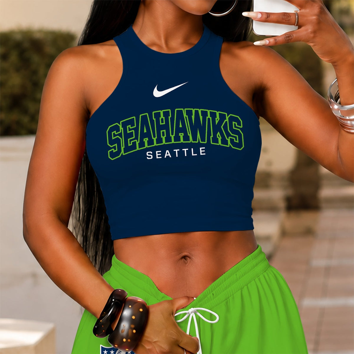 [TOUCHDOWN DEAL] NEW CUSTOMIZED NFL06 SSH SEATTLE SEAHAWKS WOMEN'S CROP TOP & LONGPANTS SET