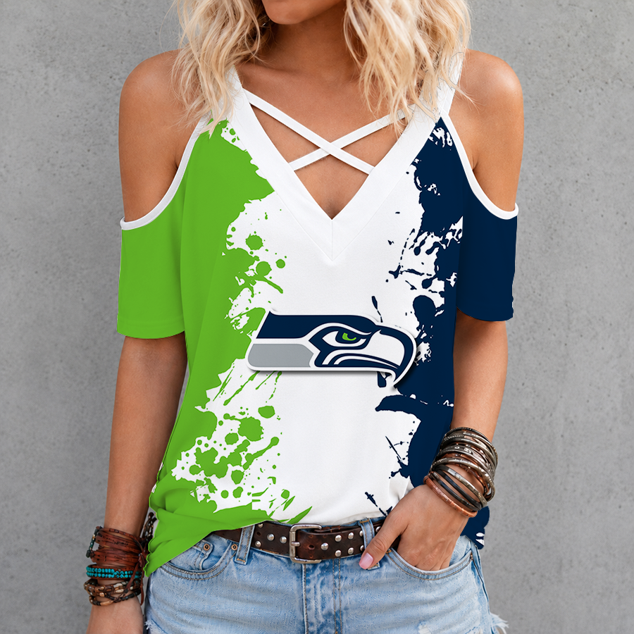 [TOUCHDOWN DEAL] NEW CUSTOMIZED NFL06 SSH SEATTLE SEAHAWKS CRISS CROSS V-NECK TOP