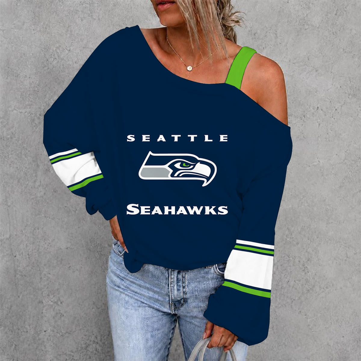 [TOUCHDOWN DEAL] NEW CUSTOMIZED NFL06 SSH SEATTLE SEAHAWKS WOMEN'S OFF-SHOULDER LONG SLEEVE SHIRT