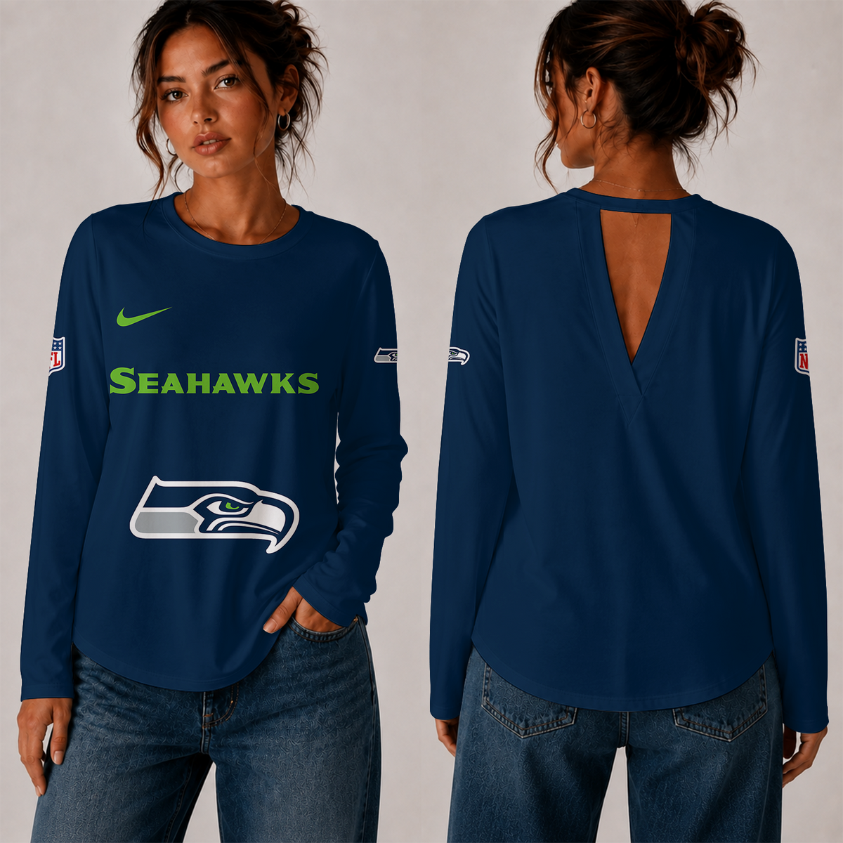 [TOUCHDOWN DEAL] NEW CUSTOMIZED NFL06 SSH THE SEAHAWKS WOMEN'S BACK V-CUT LONG-SLEEVE SHIRT