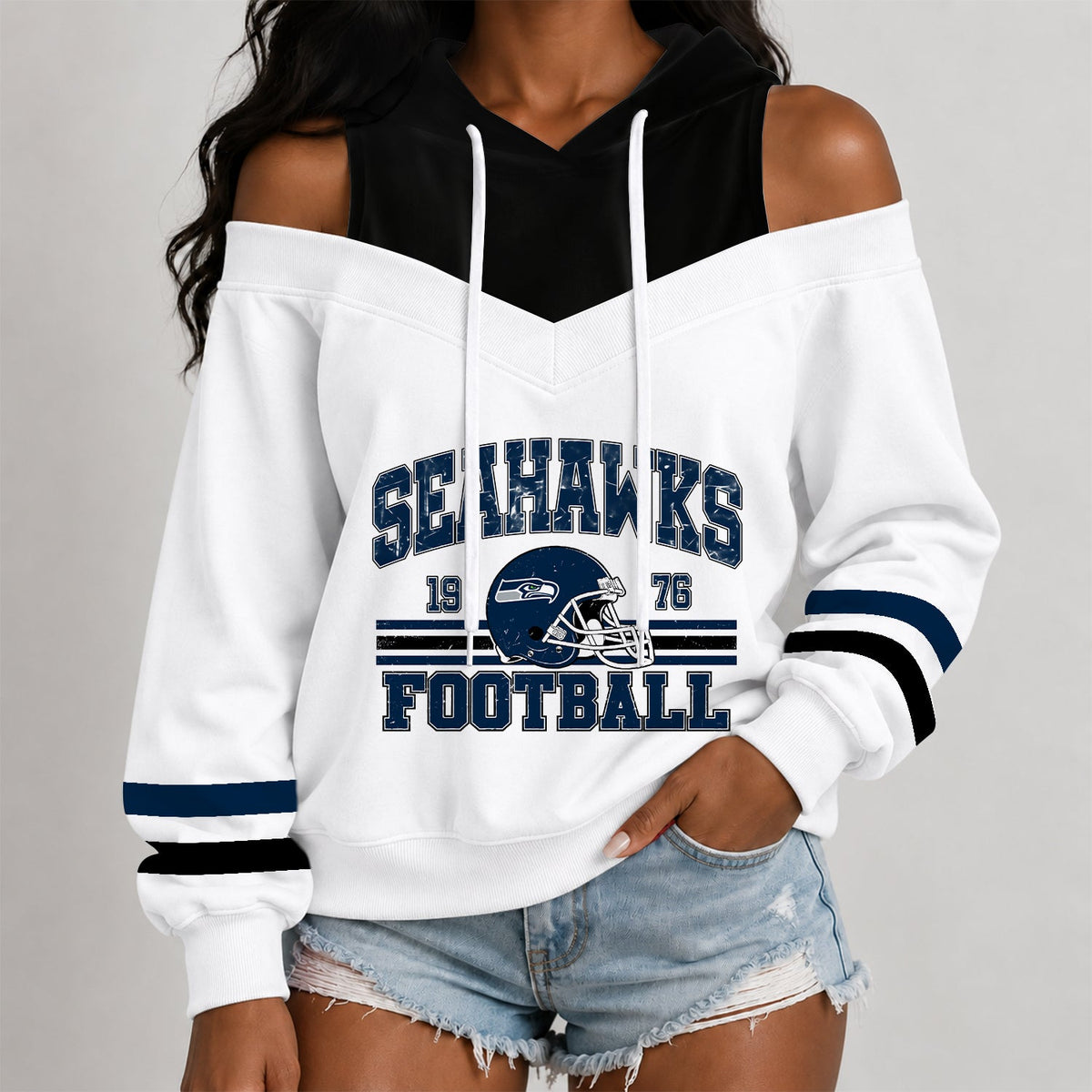 [TOUCHDOWN DEAL] NEW CUSTOMIZED NFL06 SSH THE SEAHAWKS WOMEN'S OFF-SHOULDER HOODIE