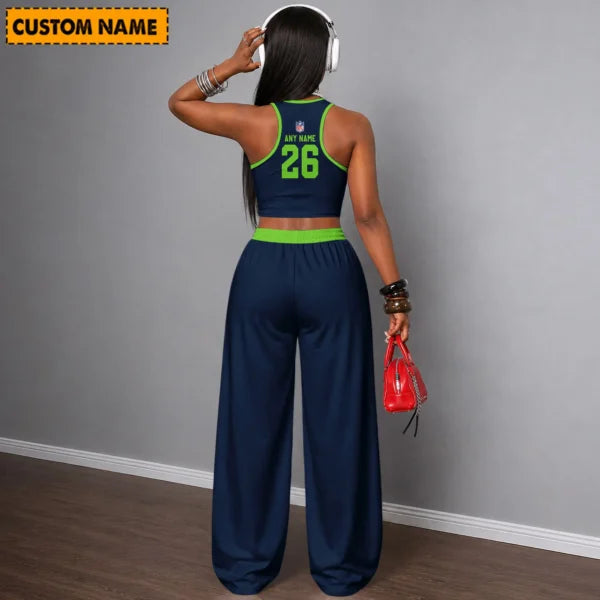 [TOUCHDOWN DEAL] NEW CUSTOMIZED NFL06 SSH SEATTLE SEAHAWKS WOMEN'S CROP TOP & LONGPANTS SET