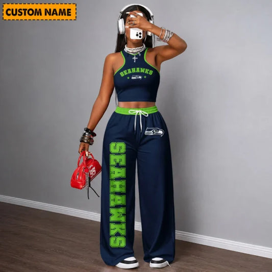 [TOUCHDOWN DEAL] NEW CUSTOMIZED NFL06 SSH SEATTLE SEAHAWKS WOMEN'S CROP TOP & LONGPANTS SET
