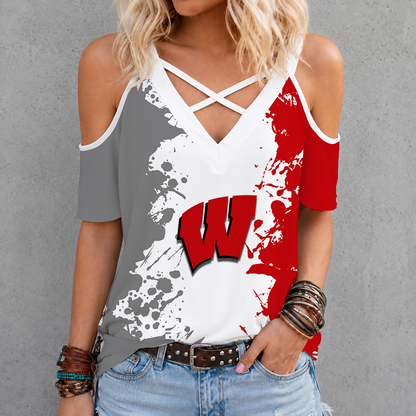[PUCK DROP DEAL] NEW CUSTOMIZED NCAA MFF06 WSB WISCONSIN BADGERS CRISS CROSS V-NECK TOP