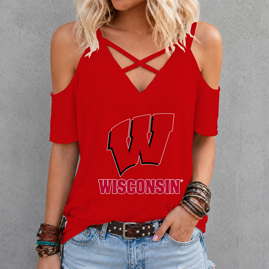 [PUCK DROP DEAL] NEW CUSTOMIZED NCAA MFF06 WSB WISCONSIN BADGERS CRISS CROSS V-NECK TOP