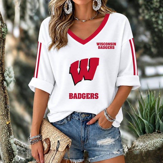 [PUCK DROP DEAL] NEW CUSTOMIZED NCAA MFF06 WSB WISCONSIN BADGERS WOMEN'S V-NECK LONG SLEEVE SHIRT