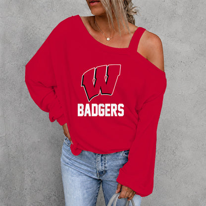 [PUCK DROP DEAL] NEW CUSTOMIZED NCAA MFF06 WSB WISCONSIN BADGERS WOMEN'S OFF-SHOULDER LONG SLEEVE SHIRT