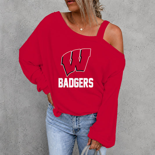 [PUCK DROP DEAL] NEW CUSTOMIZED NCAA MFF06 WSB WISCONSIN BADGERS WOMEN'S OFF-SHOULDER LONG SLEEVE SHIRT