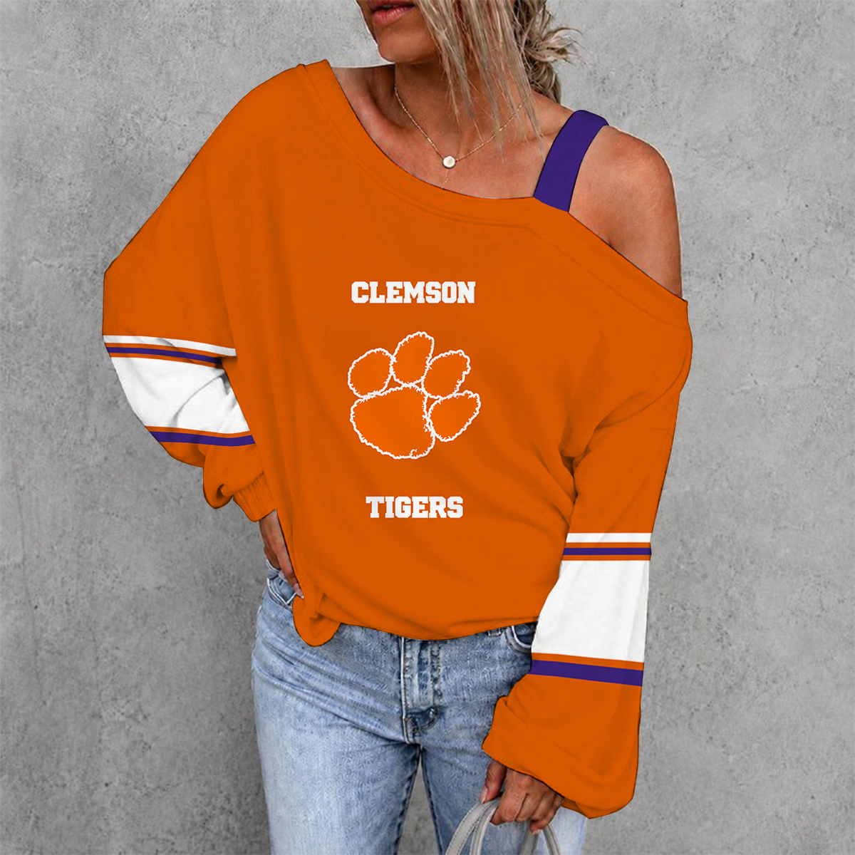 [TOUCHDOWN DEAL] NEW CUSTOMIZED NCAA FBS07 CST CLEMSON TIGERS WOMEN'S OFF-SHOULDER LONG SLEEVE SHIRT