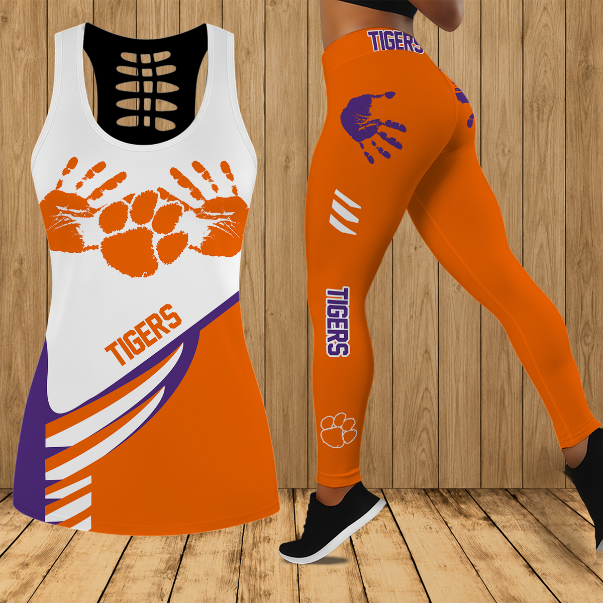 [TOUCHDOWN DEAL]NEW CUSTOMIZED NCAA FBS07 CST CLEMSON TIGERS HOLLOW TANK TOP & LEGGINGS SET