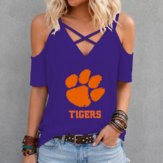 [TOUCHDOWN DEAL] NEW CUSTOMIZED NCAA FBS07 CST CLEMSON TIGERS CRISS CROSS V-NECK TOP