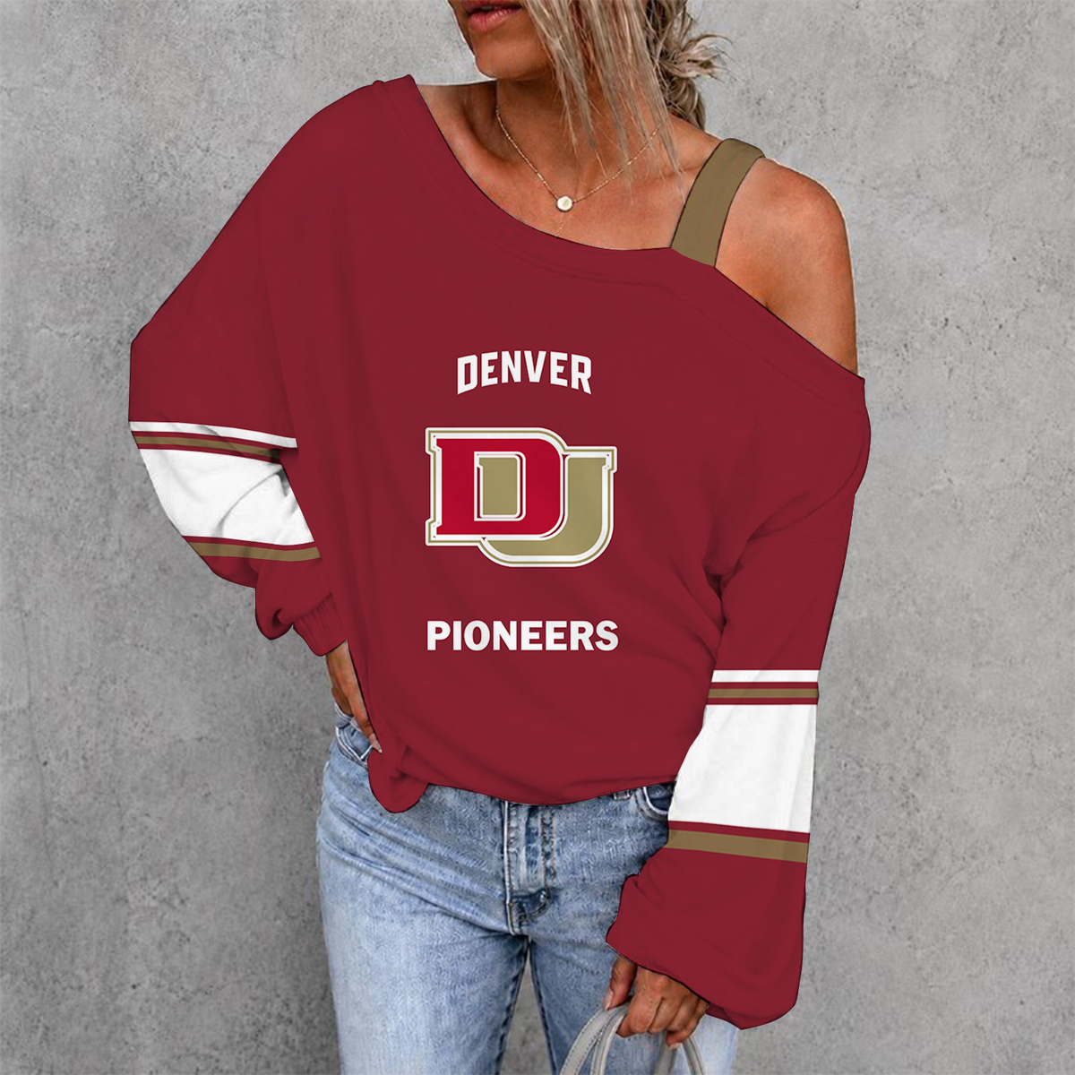 [PUCK DROP DEAL] NEW CUSTOMIZED NCAA MFF07 DEP DENVER PIONEERS WOMEN'S OFF-SHOULDER LONG SLEEVE SHIRT