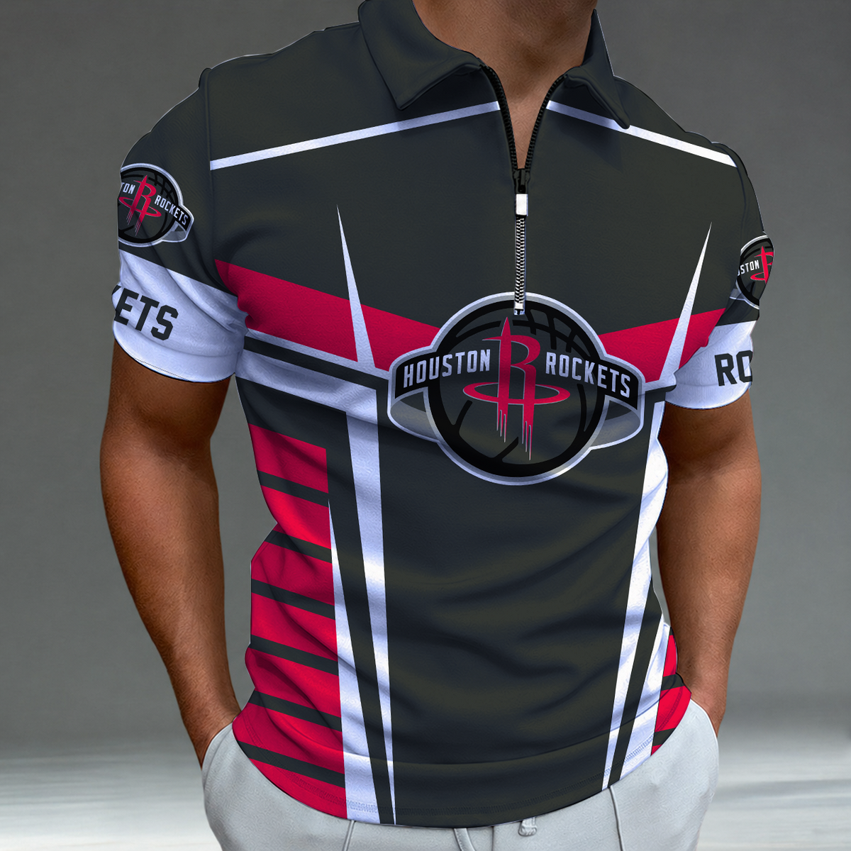 [HOT DEAL] NEW CUSTOMIZED NBA07 HRO HOUSTON ROCKETS ZIP POLO SHIRT