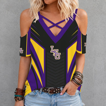 [HOMERUN DEAL] NEW CUSTOMIZED NCAA CWS07 LST LSU TIGERS CRISS CROSS V-NECK TOP