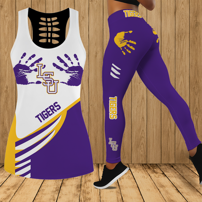 [HOMERUN DEAL] NEW CUSTOMIZED NCAA CWS07 LST LSU TIGERS HOLLOW TANK TOP & LEGGINGS SET