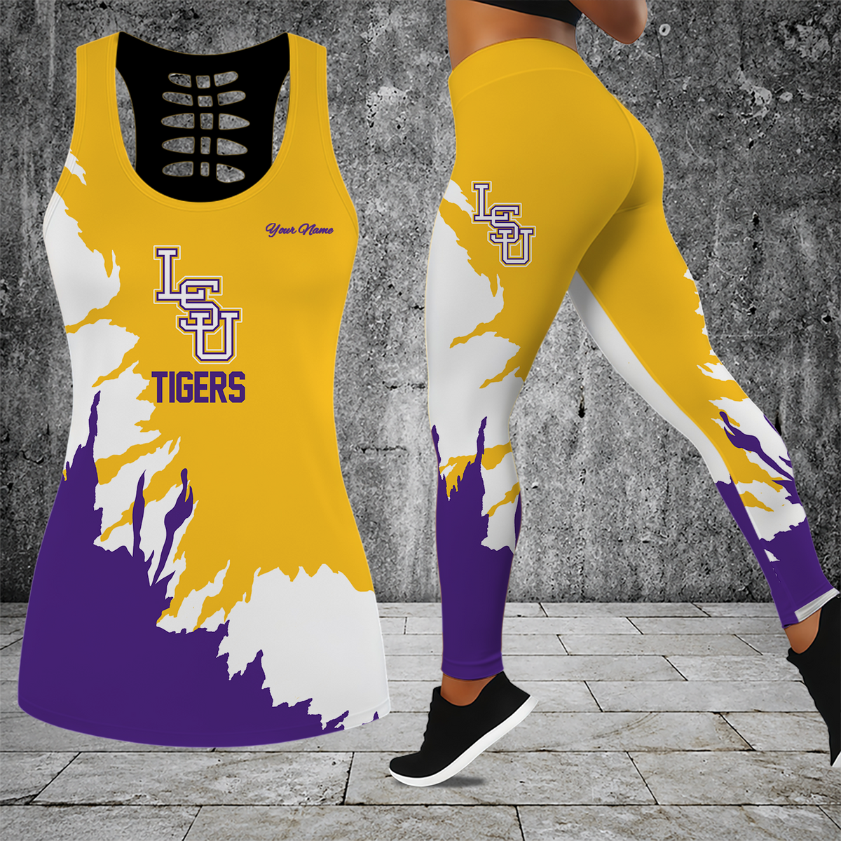 [HOMERUN DEAL] NEW CUSTOMIZED NCAA CWS07 LST LSU TIGERS HOLLOW TANK TOP & LEGGINGS SET