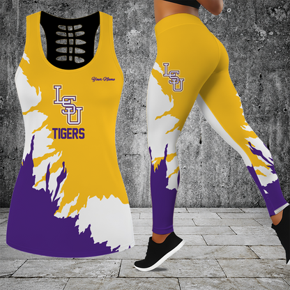 [HOMERUN DEAL] NEW CUSTOMIZED NCAA CWS07 LST LSU TIGERS HOLLOW TANK TOP & LEGGINGS SET