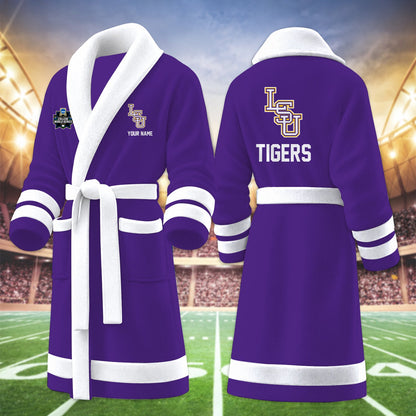 [HOMERUN DEAL] NEW CUSTOMIZED NCAA CWS07 LST LSU TIGERS MULTICOLOR FLEECE BATHROBE