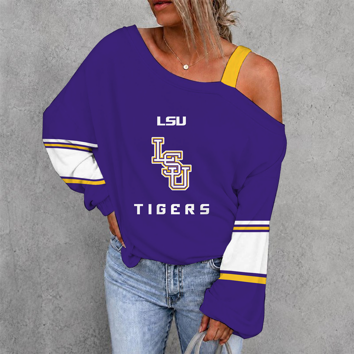 [HOMERUN DEAL] NEW CUSTOMIZED NCAA CWS07 LST LSU TIGERS WOMEN'S OFF-SHOULDER LONG SLEEVE SHIRT