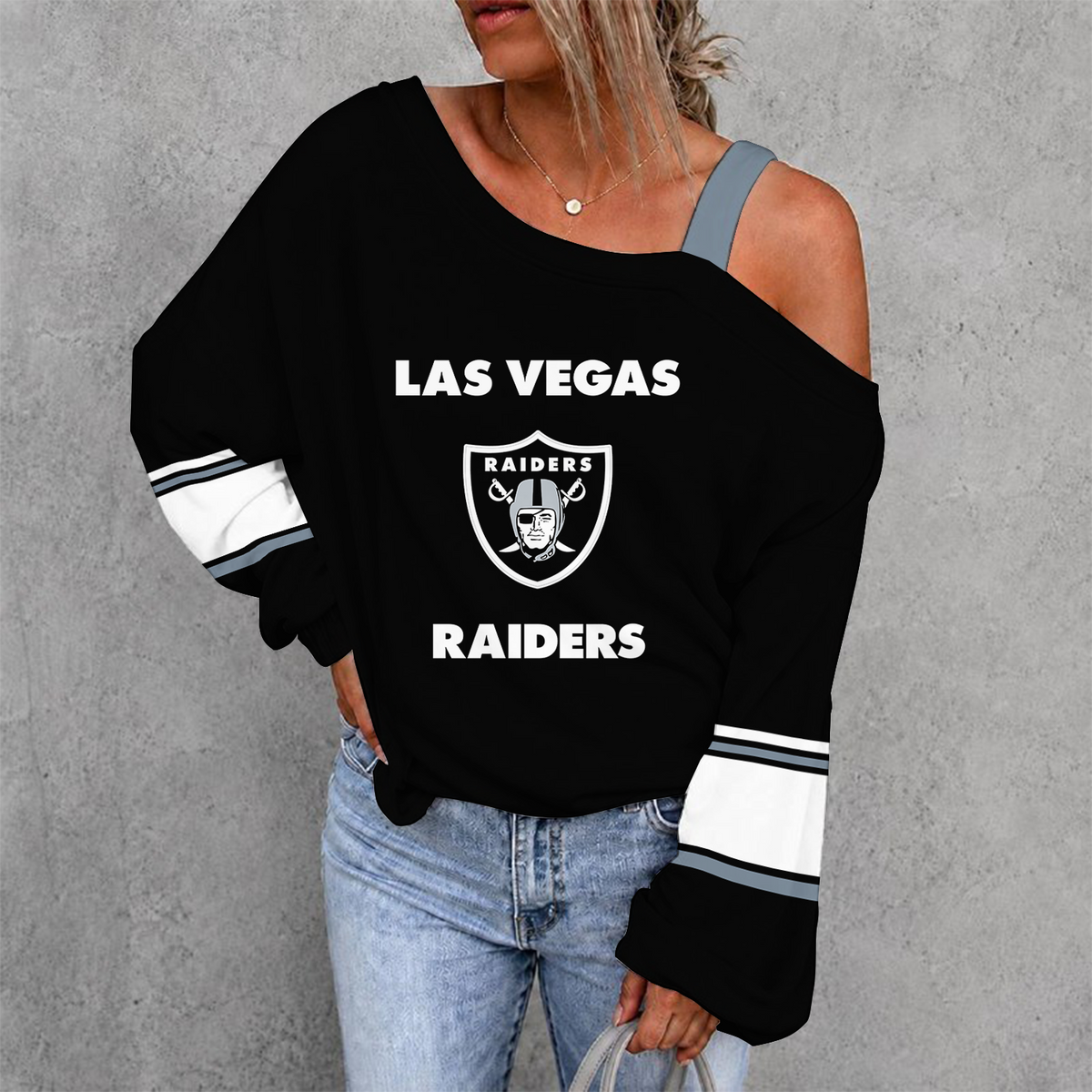 [TOUCHDOWN DEAL] NEW CUSTOMIZED NFL07 LVR LAS VEGAS RAIDERS WOMEN'S OFF-SHOULDER LONG SLEEVE SHIRT