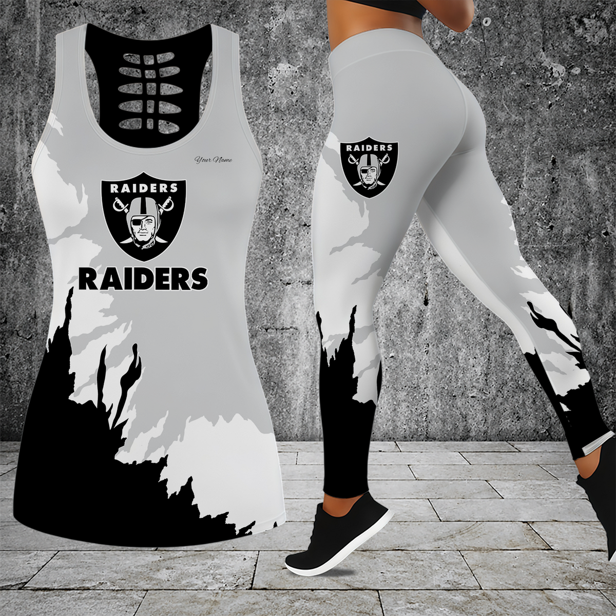 [TOUCHDOWN DEAL] NEW CUSTOMIZED NFL07 LVR LAS VEGAS RAIDERS HOLLOW TANK TOP & LEGGINGS SET