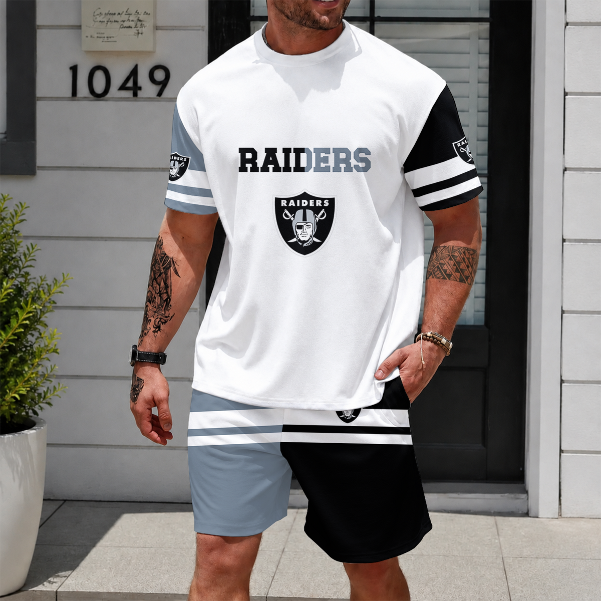 [TOUCHDOWN DEAL] NEWCUSTOMIZED NFL07 LVR LAS VEGAS RAIDERS UNISEX T-SHIRT & SHORTS SET