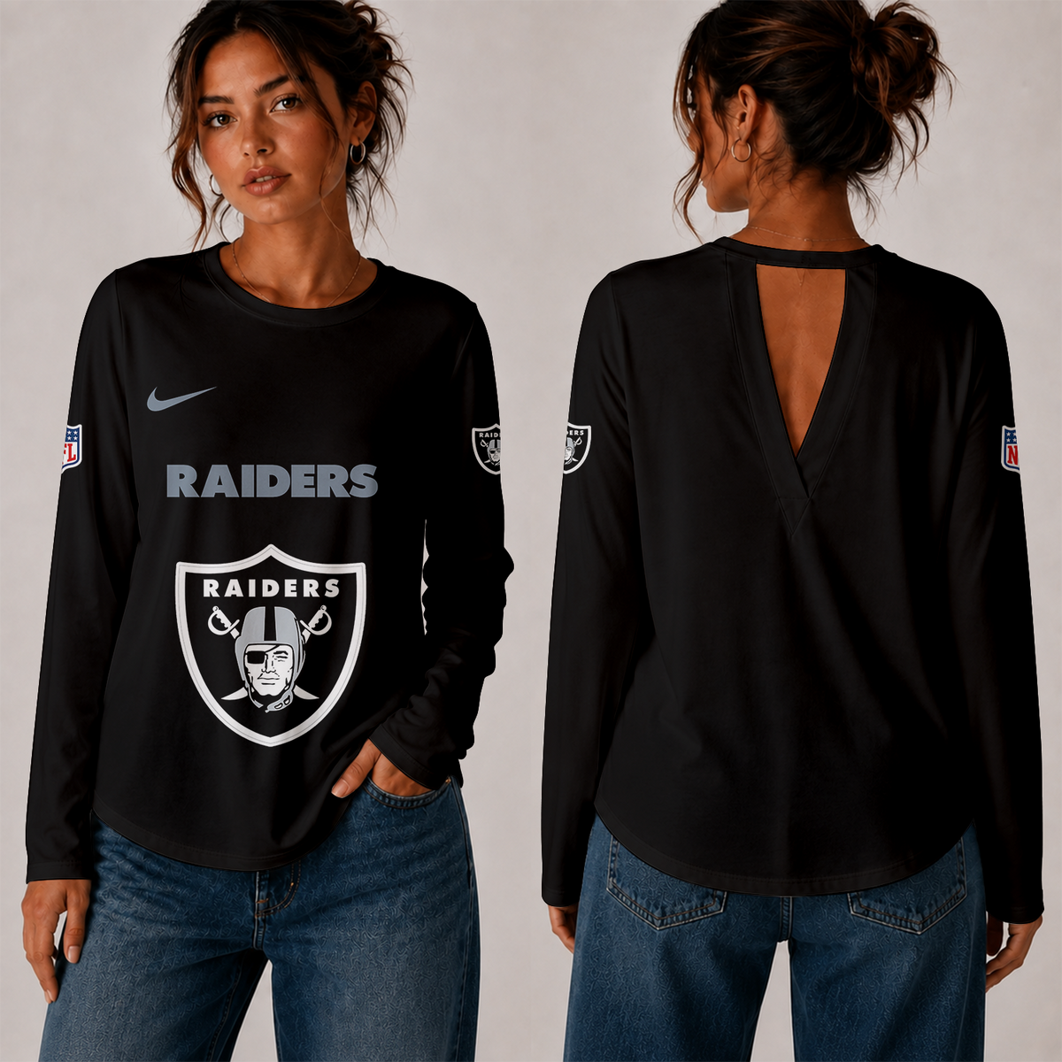 [TOUCHDOWN DEAL] NEW CUSTOMIZED NFL07 LVR THE RAIDERS WOMEN'S BACK V-CUT LONG-SLEEVE SHIRT