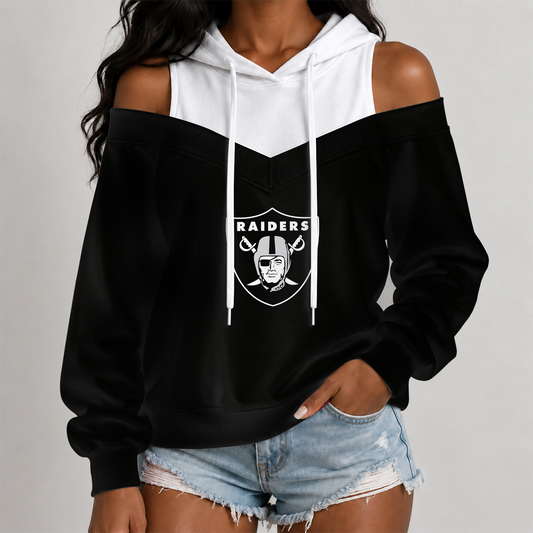 [TOUCHDOWN DEAL] NEW CUSTOMIZED NFL07 LVR THE RAIDERS WOMEN'S OFF-SHOULDER HOODIE