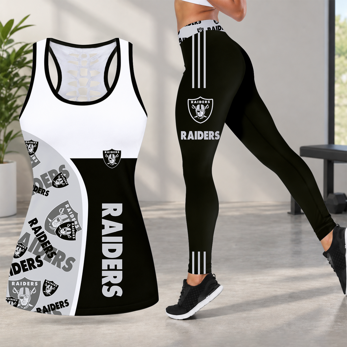 [TOUCHDOWN DEAL] NEW CUSTOMIZED NFL07 LVR LAS VEGAS RAIDERS HOLLOW TANK TOP & LEGGINGS SET