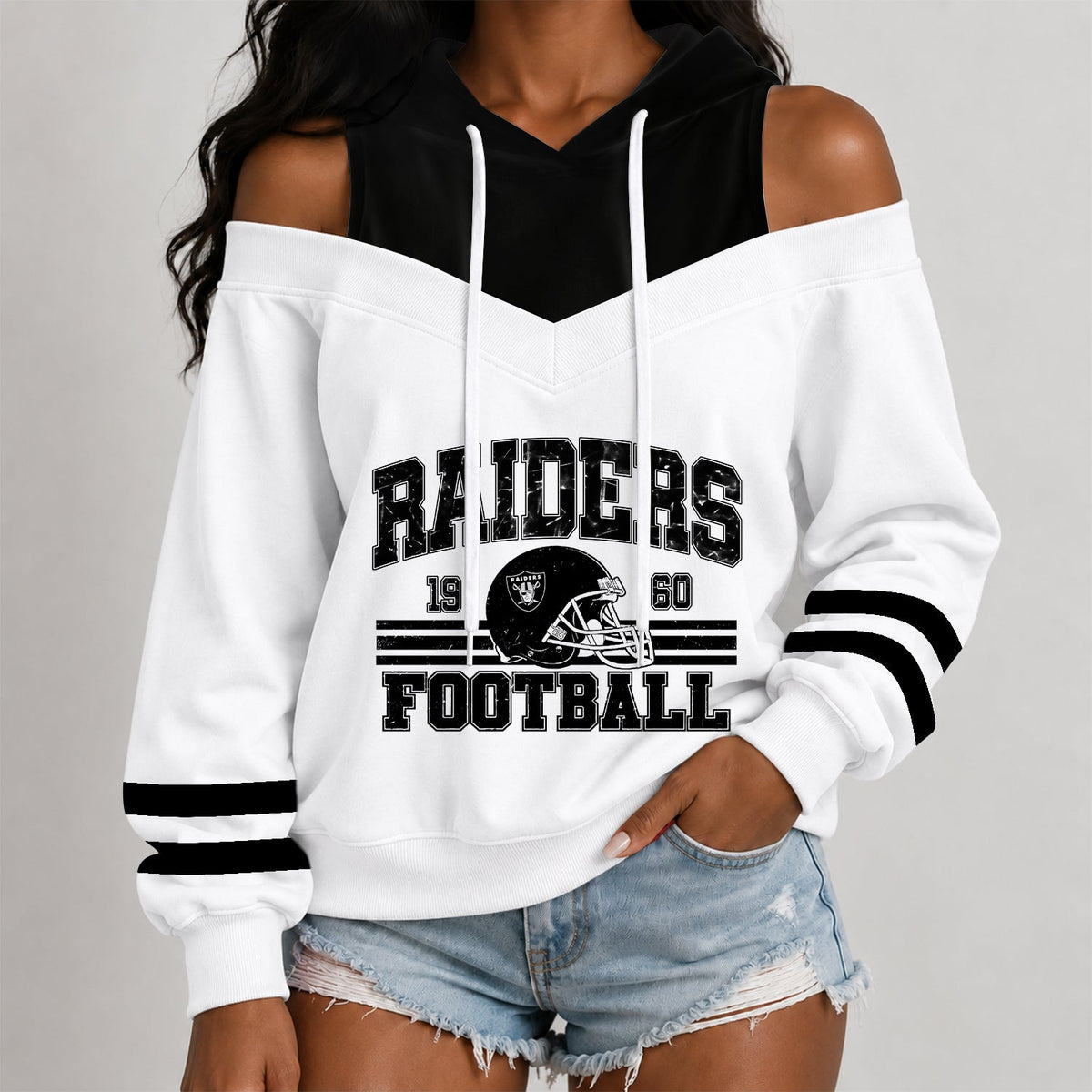 [TOUCHDOWN DEAL] NEW CUSTOMIZED NFL07 LVR THE RAIDERS WOMEN'S OFF-SHOULDER HOODIE