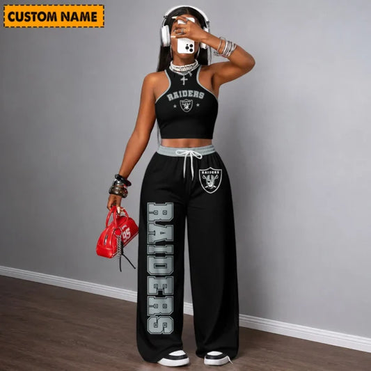 [TOUCHDOWN DEAL] NEW CUSTOMIZED NFL07 LVR LAS VEGAS RAIDERS WOMEN'S CROP TOP & LONGPANTS SET