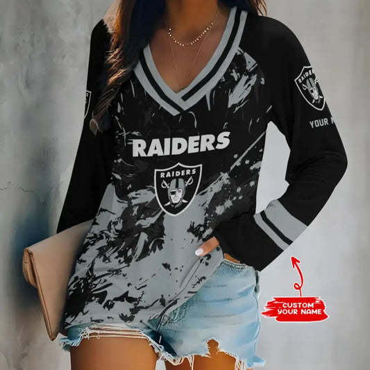 [TOUCHDOWN DEAL] NEW CUSTOMIZED NFL07 LVR LAS VEGAS RAIDERS WOMEN'S V-NECK LONG SLEEVED SHIRT