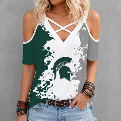 [SLAM DUNK DEAL] NEW CUSTOMIZED NCAA MAM07 MSS MICHIGAN STATE SPARTANS CRISS CROSS V-NECK TOP