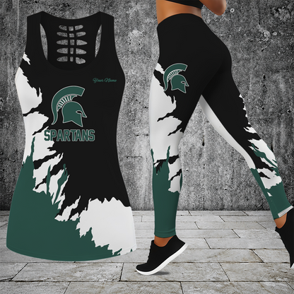 [SLAM DUNK DEAL] NEW CUSTOMIZED NCAA MAM07 MSS MICHIGAN STATE SPARTANS STRAPPY HOLLOW TANK TOP & LEGGINGS SET
