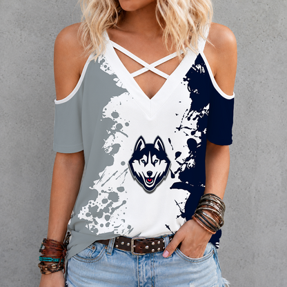[HOOPS SPECIAL] NEW CUSTOMIZED NCAA CFH07 UCH UCONN HUSKIES CRISS CROSS V-NECK TOP
