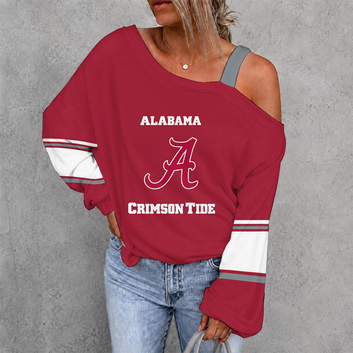 [TOUCHDOWN DEAL] NEW CUSTOMIZED NCAA FBS08 ABC ALABAMA CRIMSON TIDE WOMEN'S OFF-SHOULDER LONG SLEEVE SHIRT