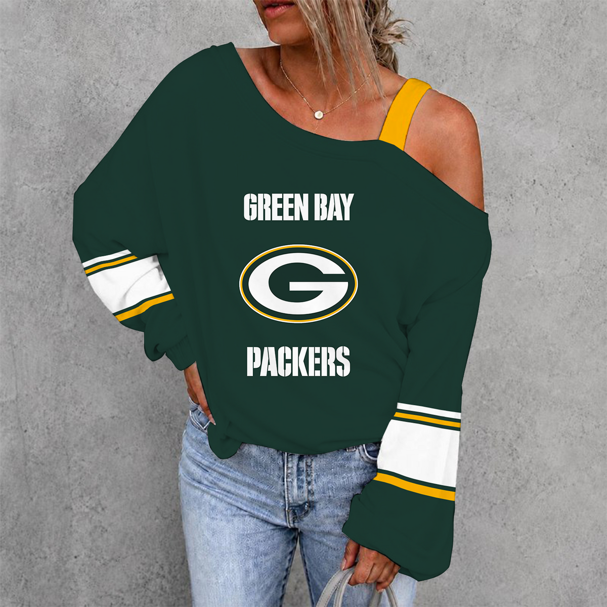 [TOUCHDOWN DEAL] NEW CUSTOMIZED NFL08 GBP GREEN BAY PACKERS WOMEN'S OFF-SHOULDER LONG SLEEVE SHIRT