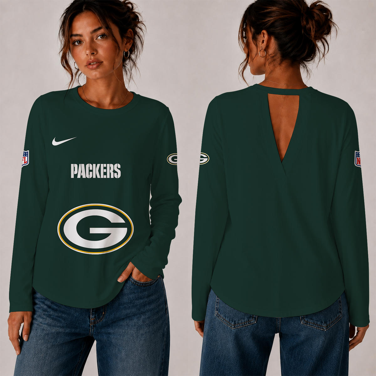 [TOUCHDOWN DEAL] NEW CUSTOMIZED NFL08 GBP THE PACKERS WOMEN'S BACK V-CUT LONG-SLEEVE SHIRT