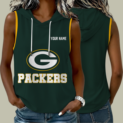 [TOUCHDOWN DEAL] NEW CUSTOMIZED NFL08 GBP GREEN BAY PACKERS WOMEN'S SLEEVELESS HOODED POCKET TANK TOP