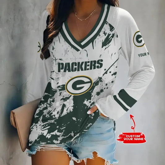 [TOUCHDOWN DEAL] NEW CUSTOMIZED NFL08 GBP GREEN BAY PACKERS WOMEN'S V-NECK LONG SLEEVED SHIRT