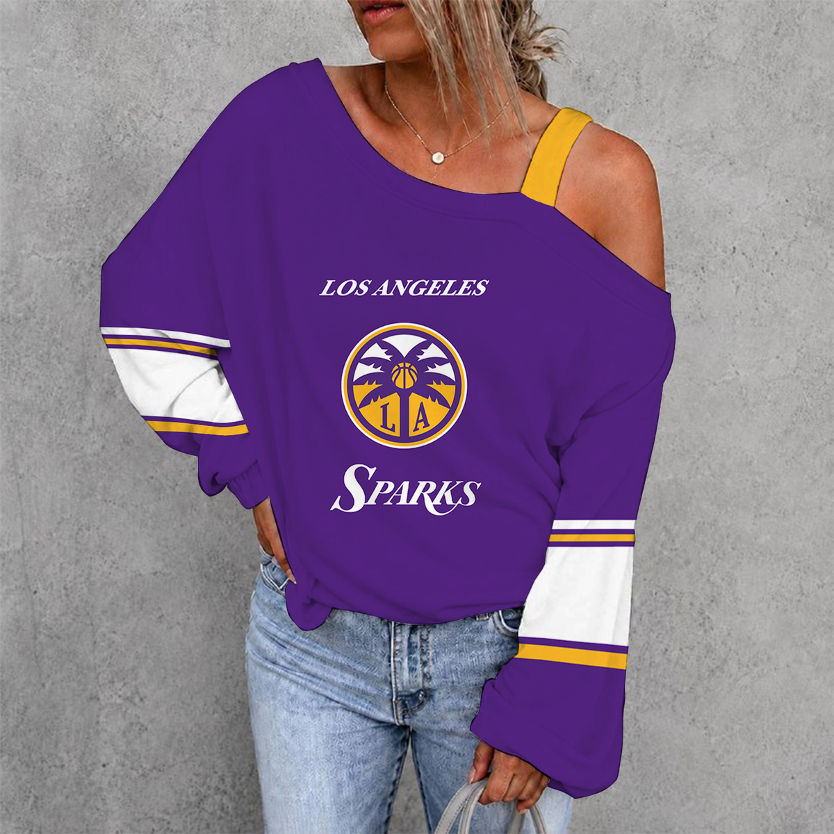 [HOOPS SPECIAL] NEW CUSTOMIZED WNBA08 LAS LOS ANGELES SPARKS WOMEN'S OFF-SHOULDER LONG SLEEVE SHIRT
