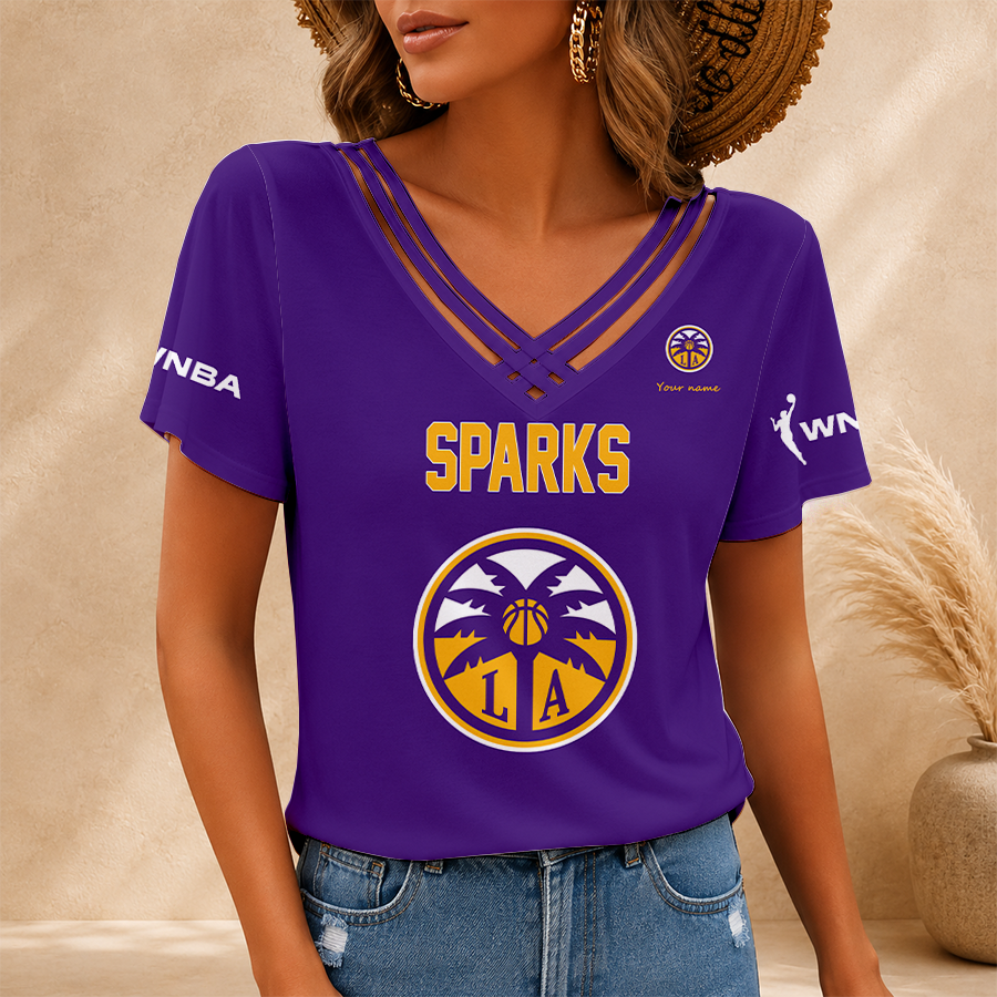 [HOOPS SPECIAL] NEW CUSTOMIZED WNBA08 LAS LOS ANGELES SPARKS V-NECK SHIRT
