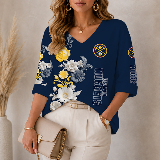 [HOT DEAL] NEW CUSTOMIZED NBA08 DNU DENVER NUGGETS WOMEN'S V-NECK LONG SLEEVE SHIRT