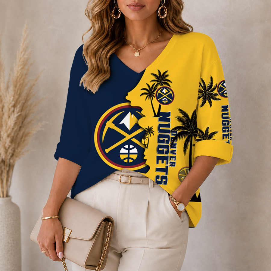[HOT DEAL] NEW CUSTOMIZED NBA08 DNU DENVER NUGGETS WOMEN'S V-NECK LONG SLEEVE SHIRT
