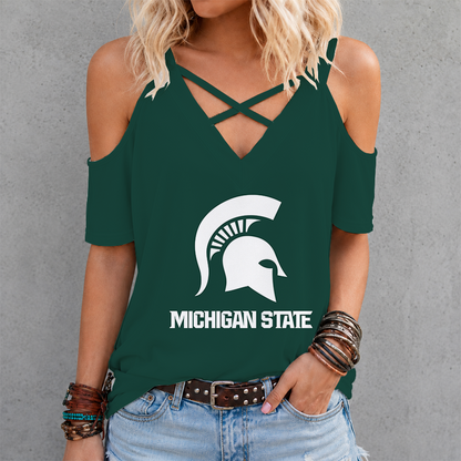 [PUCK DROP DEAL] NEW CUSTOMIZED NCAA MFF08 MSS MICHIGAN STATE SPARTANS CRISS CROSS V-NECK TOP