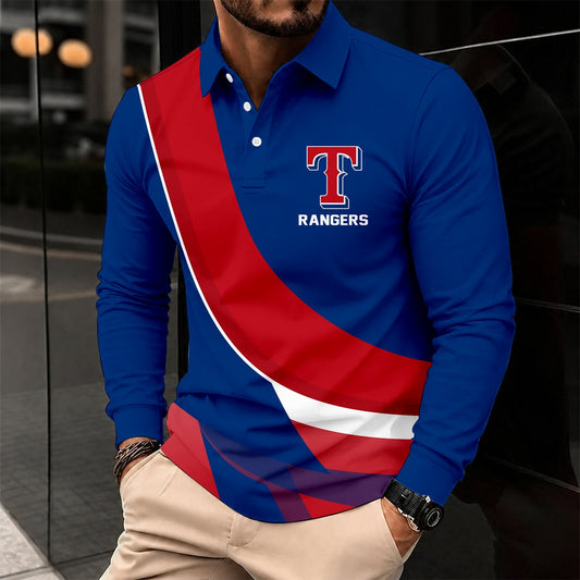 [HOMERUN DEAL] NEW CUSTOMIZED MLB08 TRS TEXAS RANGERS MEN'S LONG SLEEVE POLO